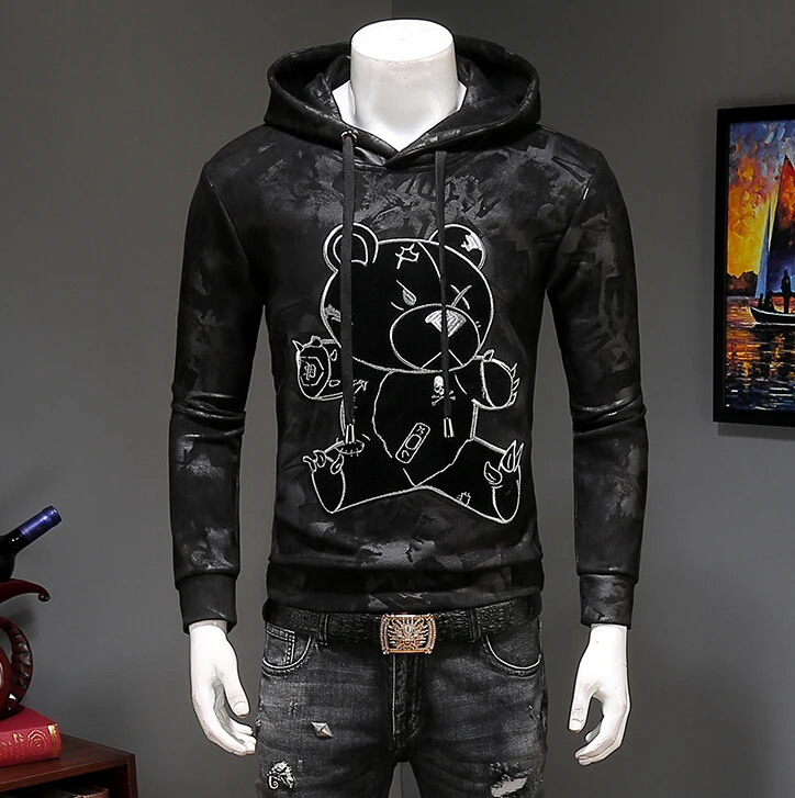 

2019 Mens Hoodies Bear Embroidery Full Pullover Hooded Sweatshirts Casual Fleece Streetwear Black Hoodie