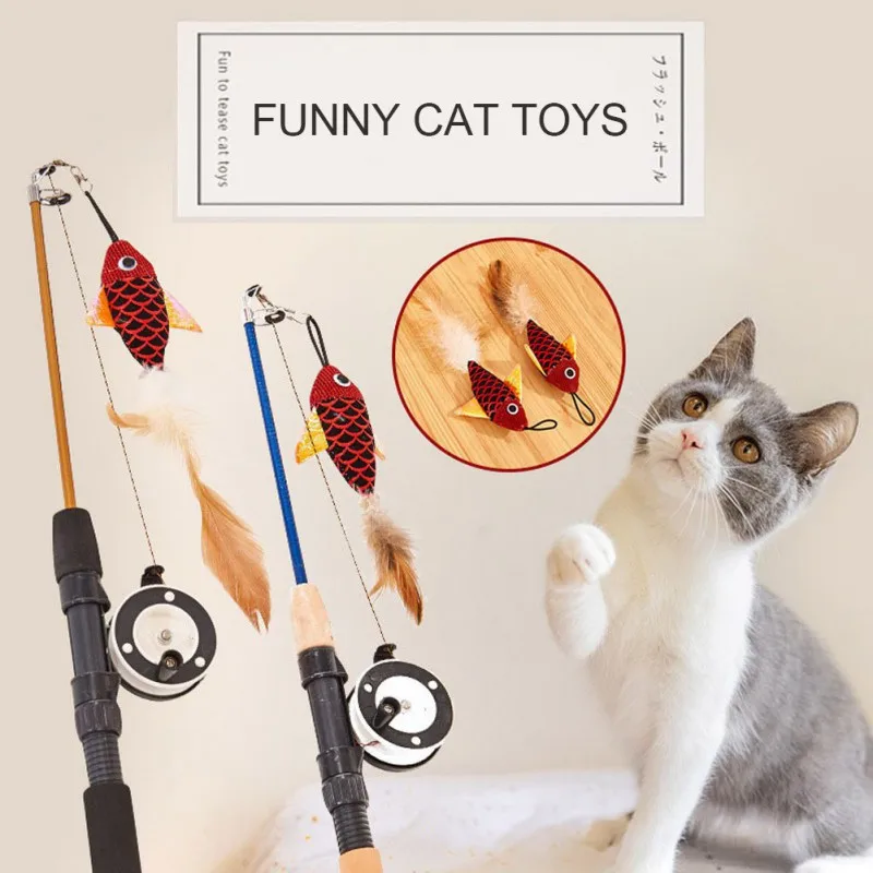 Pet Cats Telescopic Fish-shaped Telescopic Fishing Rod Feather Funny Cat  Stick Toy Creative Toy Random Color Style