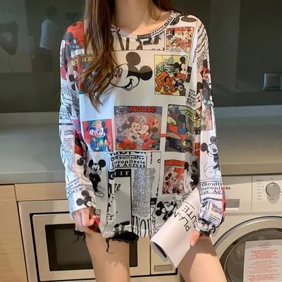 Disney 2021 Summer Famous Anime Mickey Mouse Brand Mesh Shirt Women Sun Protection Transparent Long Sleeve Blouse Ladies T-shirt 3191 white
