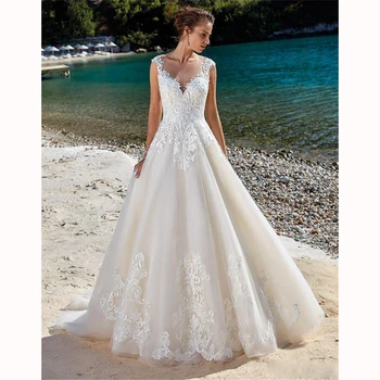 

Gorgeous Scoop Neck Wedding Dress Appliques Lace A-Line Long Dress Bridal Gowns Illusion Back Design robes de mariée 2020
