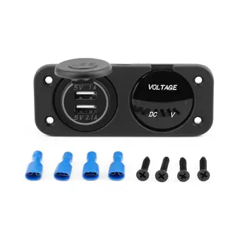 

12-24V Dual USB Socket Mount Car Charger Adapter Blue LED Digital Display Volt meter 2 Hole Waterproof Car meter Marine Panel