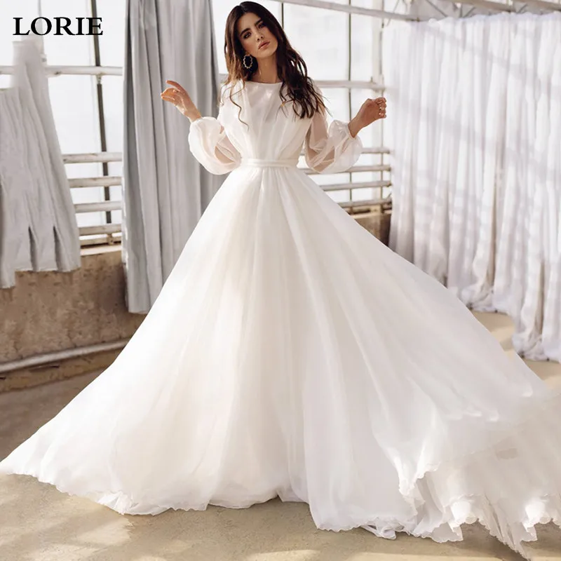 LORIE Princess Wedding Dress  2020 A Line Puff Sleeves Bridal Gowns Open V Back Princess Boho Wedding Gown Plus Size
