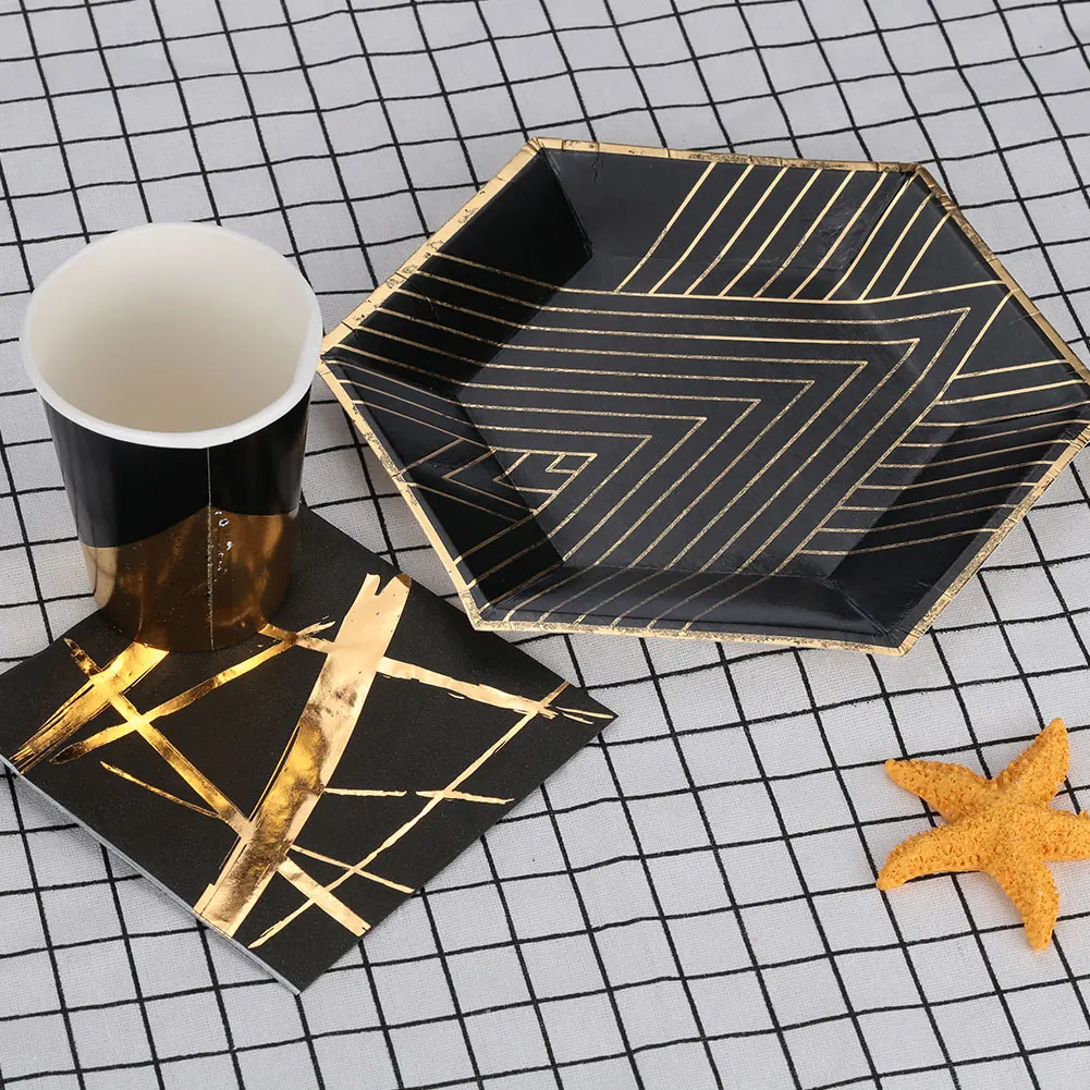 Одноразовая Золотая штамповка Черная бумажная посуда тарелки & чашки полотенца