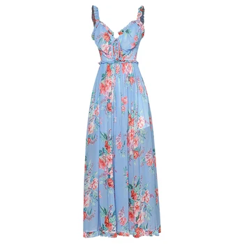 

HIGH QUALITY New 2020 Fashion Designer Runway Dress Women's Spaghetti Strap Drawstring Ruffles Floral Print Dress