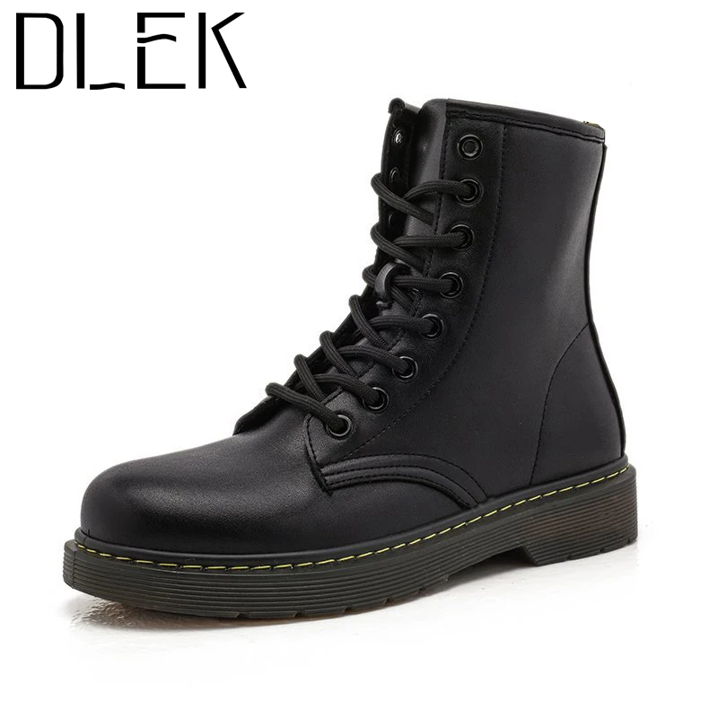 Boots Lace-Up Ankle Female Chelsea Women Black Short Round-Toe Fashion Ladies DLEK PU