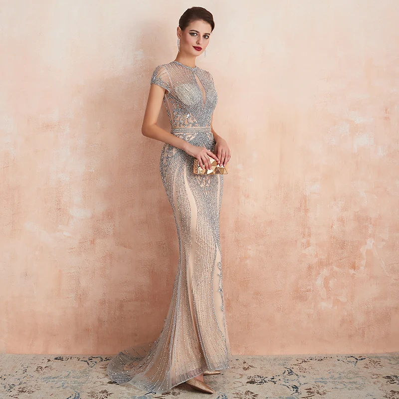Элегантное платье русалки вечернее платье Robe De Soiree цвет шампанского серый/синий Стразы Блестки Бисероплетение Свадебное официальное платье вечерние платья