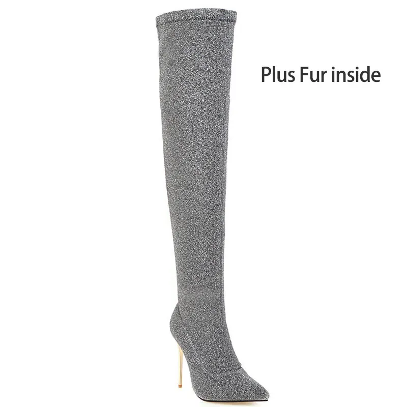 plus fur Silver Sgesvier/Большие размеры 34-48, модные сапоги выше колена, с острым носком, без застежки, на тонком каблуке, сапоги для выпускного вечера элегантные эластичные высокие сапоги до бедра - Цвет: plus fur Silver