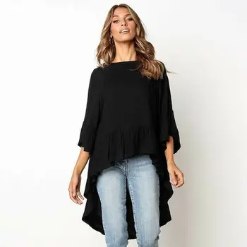 

Women Vintage Solid Loose Pullovers Tops 3/4 Bell Sleeve Irregular Shirt Top Ladies Blouse Femme Blusa Shirt Clothing Plus Size