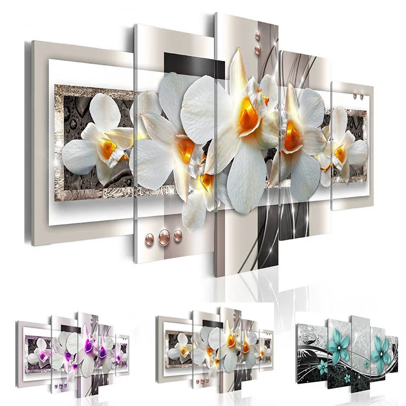 

Modern Painting Canvas 5 Panels Flower Orchid Decorative Wall Art Print for Living Room Modular Orchids Picture Home Decor