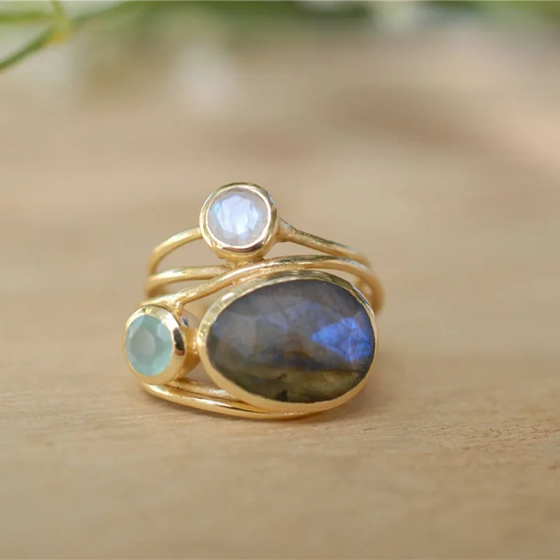 Multi-layers Cross Moonstone Rings for Women Boho Gold Color Round Opal Resin Simulated Shell Rings Jew