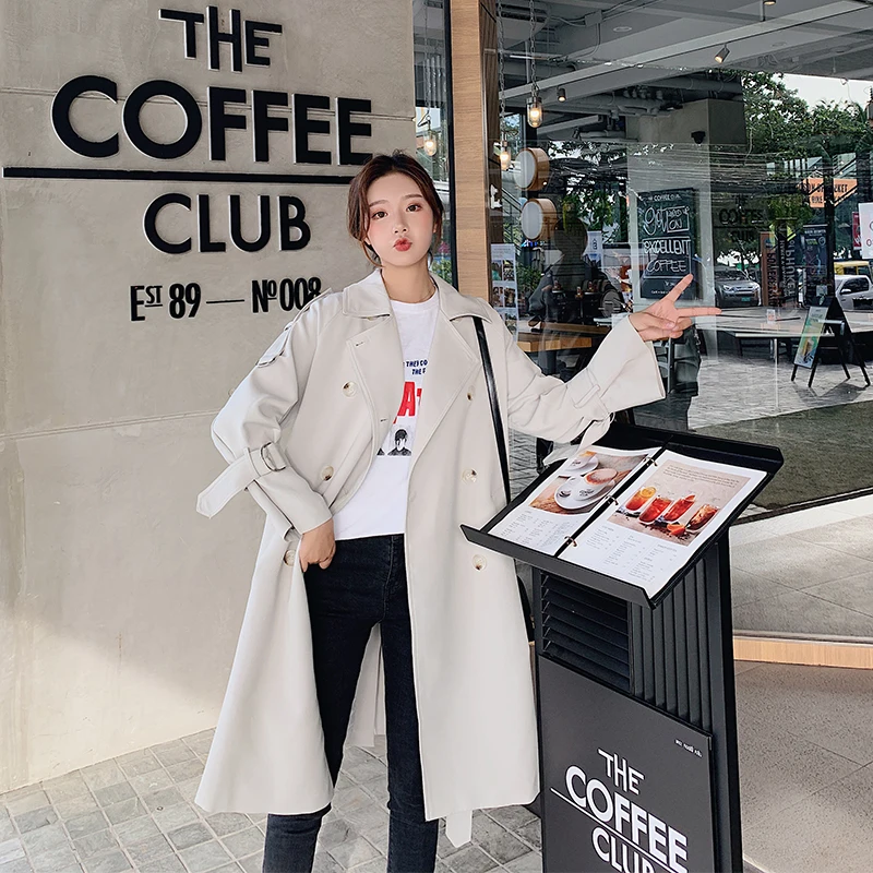 

2020 Spring New Style New Style Mid-length Double Breasted Bell Sleeve Long Sleeve Solid Color Lace-up Trench Coat Coat Women's