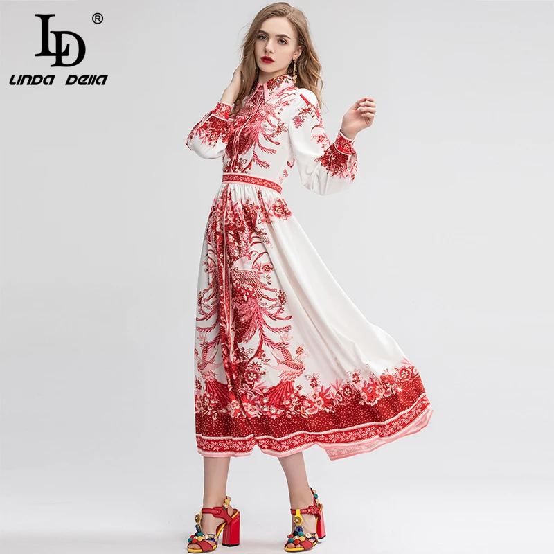LD LINDA Делла, весеннее модное подиумное платье, женское, с длинным рукавом, очаровательное, с цветочным принтом, с бисером, для праздника, вечеринки, повседневное, длинное платье