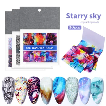 

30 pcs Holographic Nail Art Transfer Foil Sticker Set Starry Paper Wraps Adhesive Decals Nails 3D Adhesive Nail Art Decorations