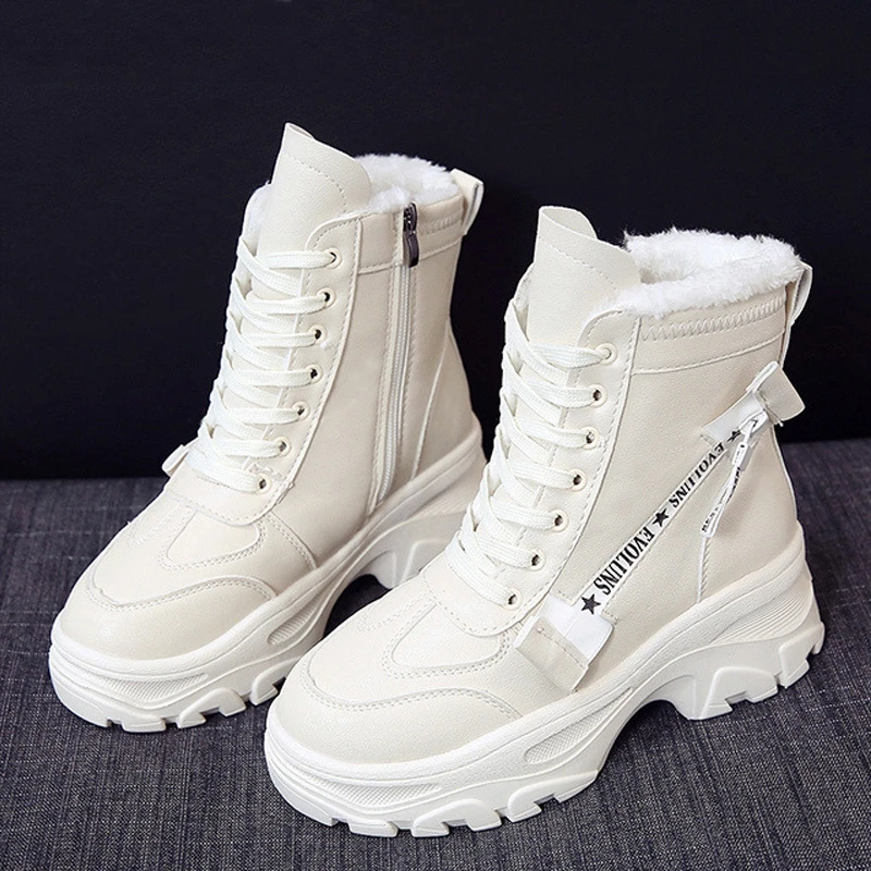 Leather Women's Chunky Boots Winter Thick Fur Warm Women Platform Sneakers Fashion Combat Boots Woman Martin Shoes