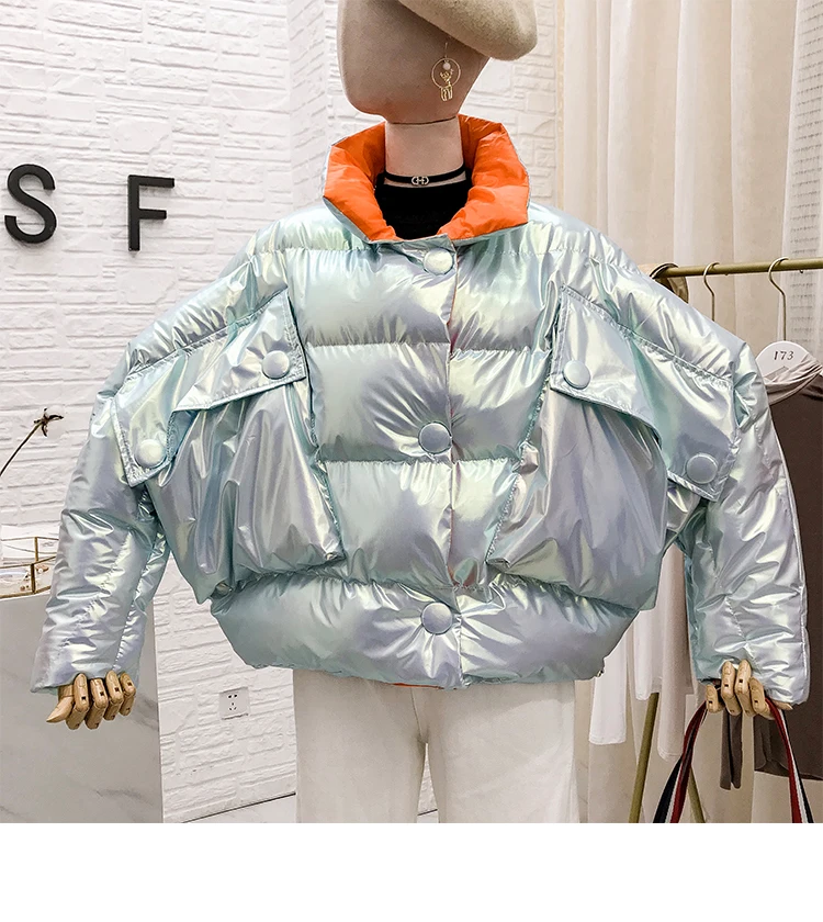 New Bright Bat Sleeve Loose Cotton-padded Jacket Coat Women Winter Thickened Coats Girls Warm Short Bread Jackets Oversize Femme