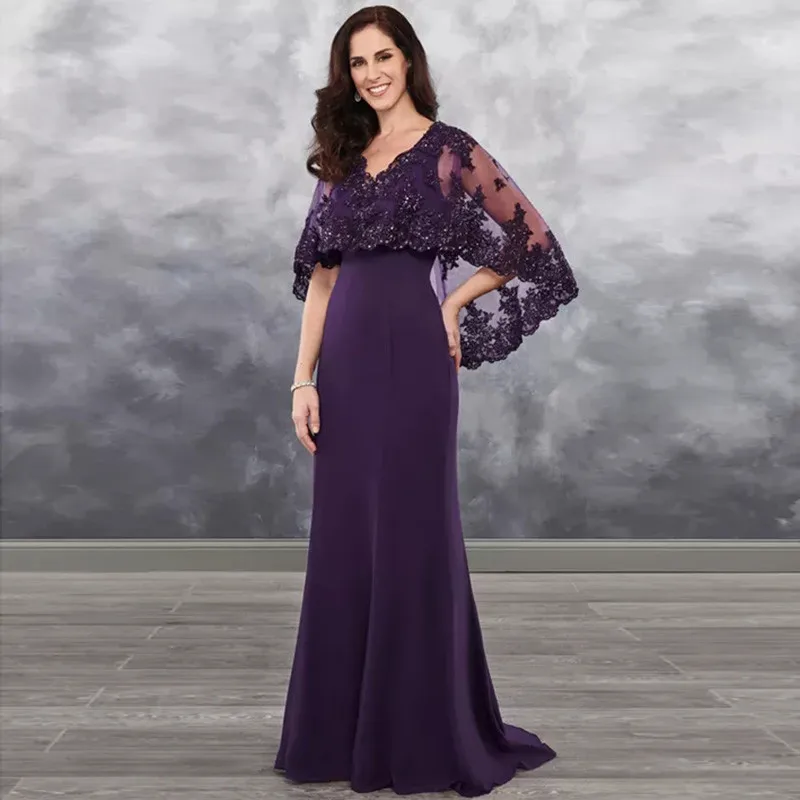 Purple Lace Mother of the Bride Dresses for Weddings with Capes Bridal Formal Godmother Groom Dinner |