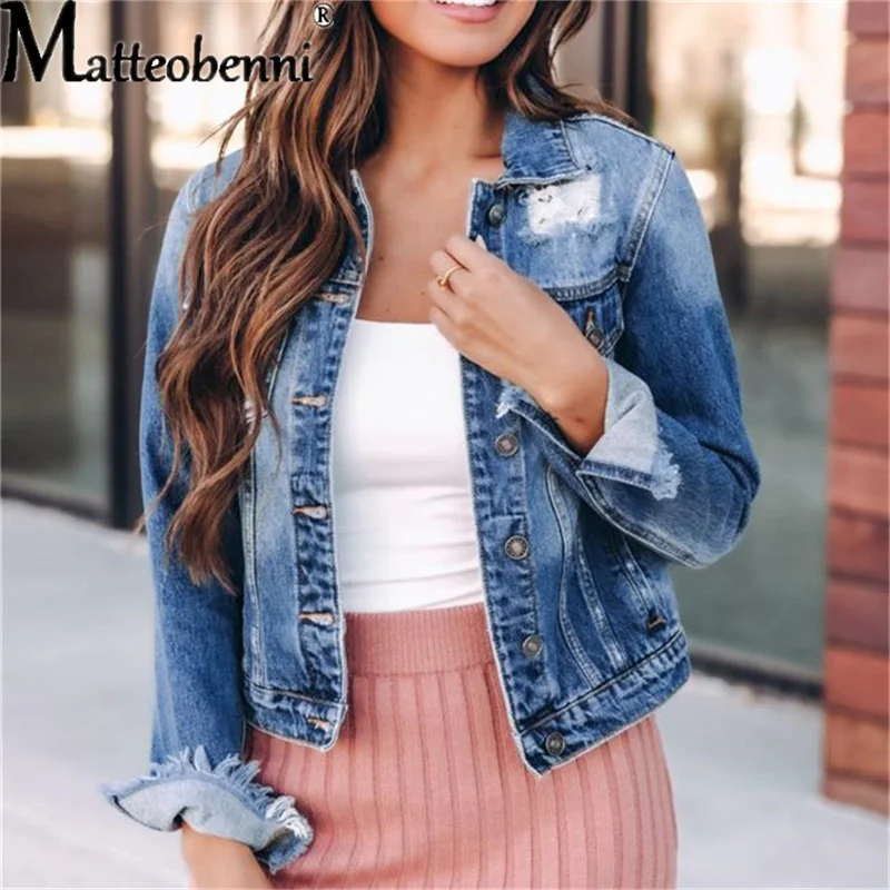 2021 Spring Autumn Women Sexy Ripped Denim Jackets Vintage Casual Short Jean Jacket Puff Sleeve Winter Female Coat Streetwear
