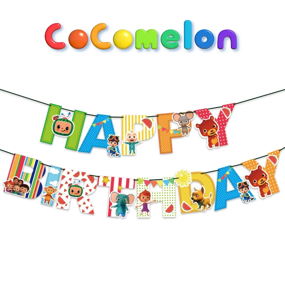 Cocomelon-Bandera de cumpleaños para niños, decoración de fiesta, accesorios de fotografía