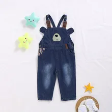 Осень-зима, детские штаны, джинсовые штаны на подтяжках с рисунком медведя для маленьких мальчиков и девочек, одежда, брюки, W1202