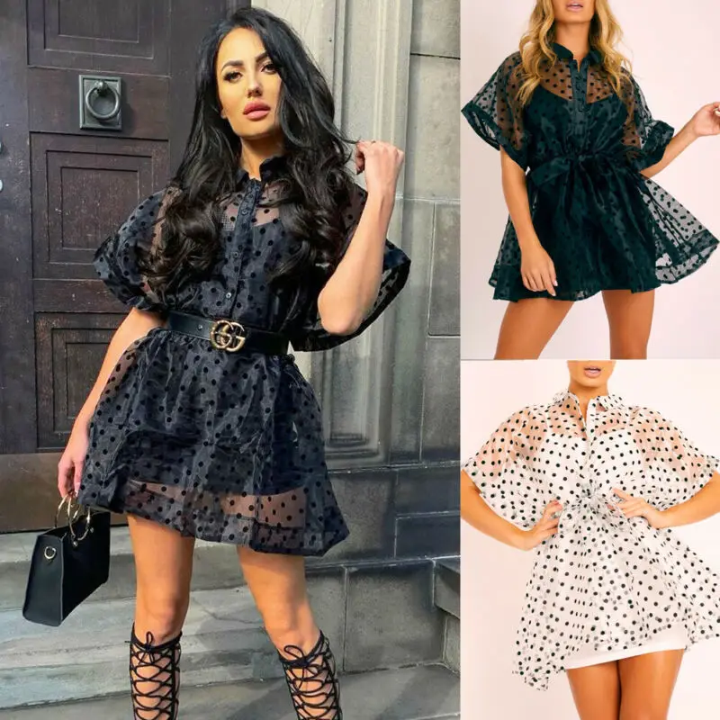 

Fashion Women Mesh Dress Sheer Dot Dress See-through Tulle Lace Mini Dress Hollow Out Ldies Dress