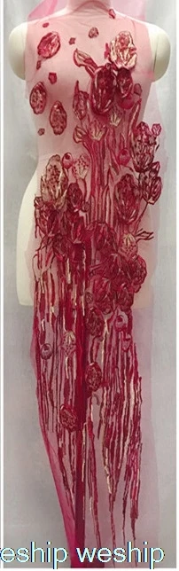 large long sequin beaded 3D embroidery gold flowers lace patch Dress DIY veil applique parche clothes hanfu decoration - Цвет: Wine red gold