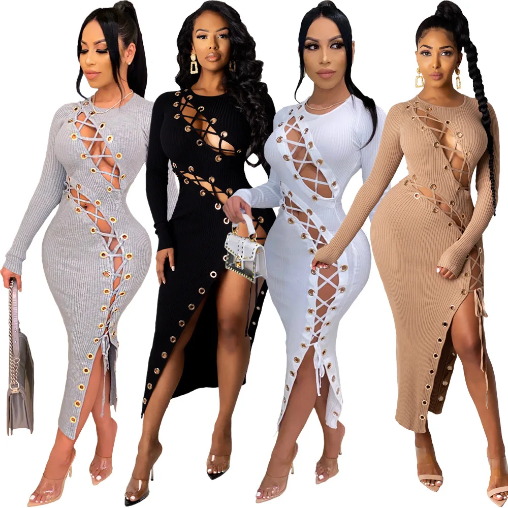

Autumn Fashion Sexy Hollow Out Knit Bandage O Neck Long Sleeve Mid-Calf Dress Solid Women Casual Party Dresses