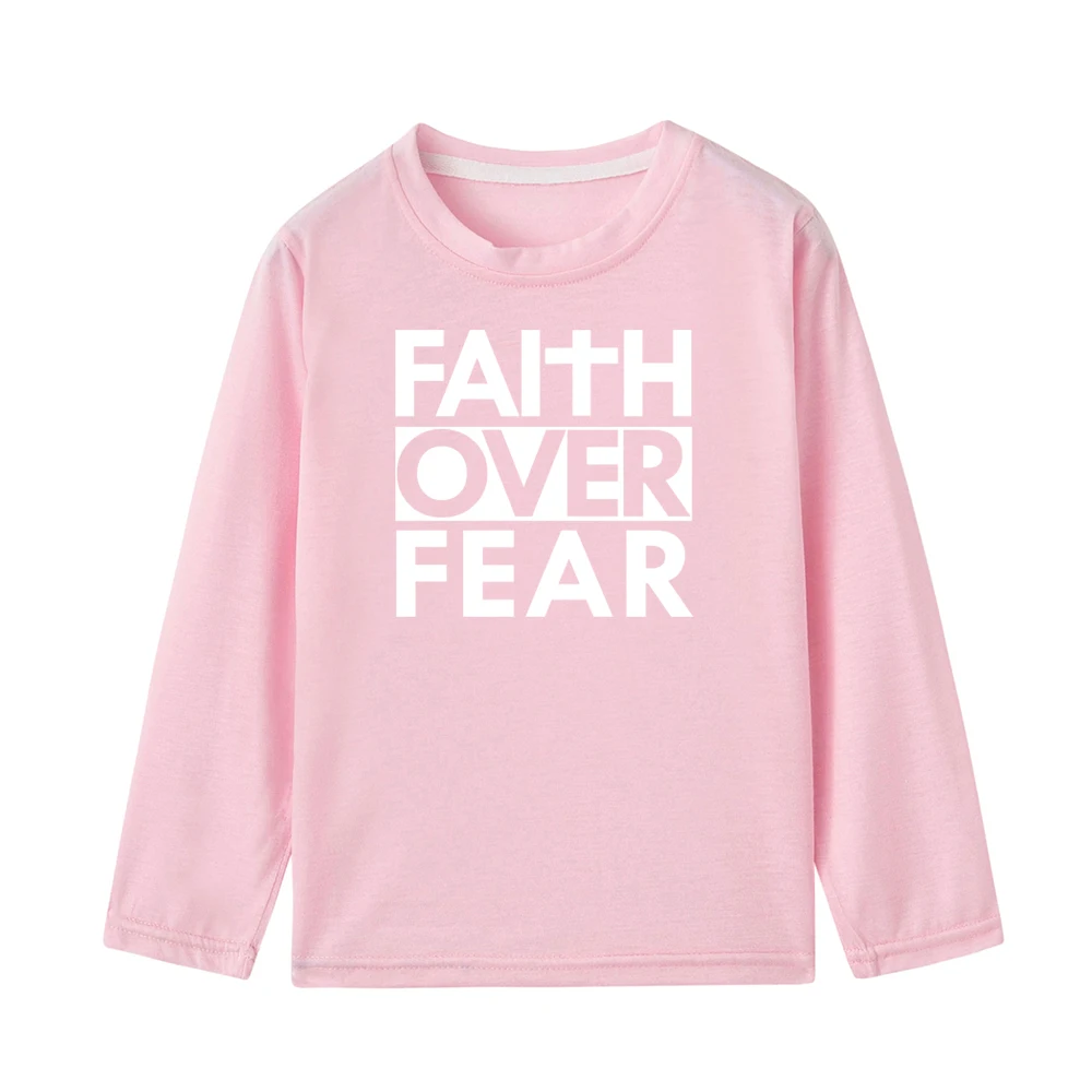 41V2-KLTPK- Faith Over Fear Одежда для детей с длинными рукавами Забавная детская одежда для маленьких мальчиков и девочек, футболка, Топы, модная одежда для малышей с буквенным принтом, изображением из мультфильма, футболки для детей, одежда - Цвет: 41V2-KLTPK-