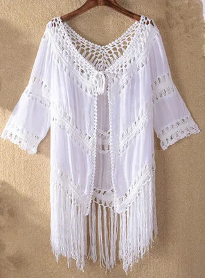 Women's Sexy V-neck Tassel Solid Knit Hollow Sunscreen Bikini Blouse Ladies Retro Cardigan Shirt Beach Sunscreen Clothing