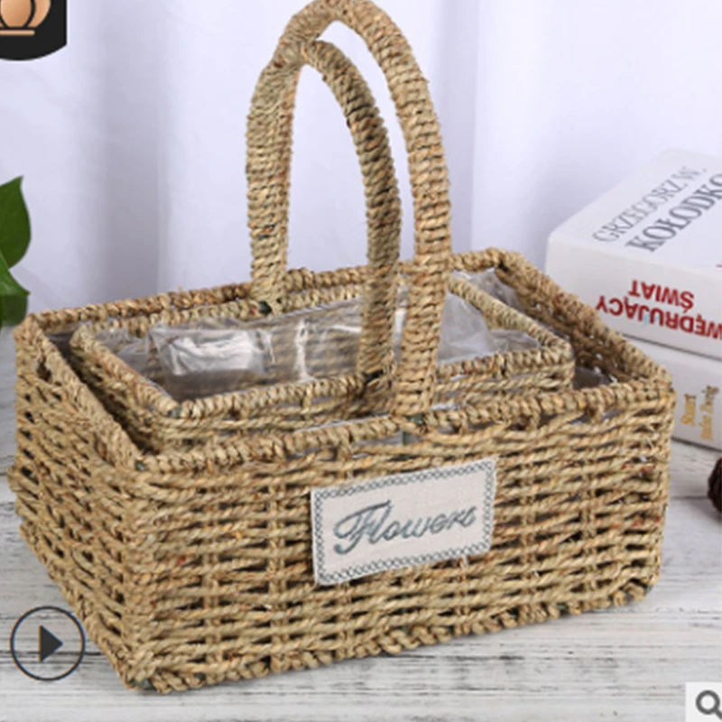 Portable straw flower fruit basket garden wicker basket creative rattan flower pot living room home decoration