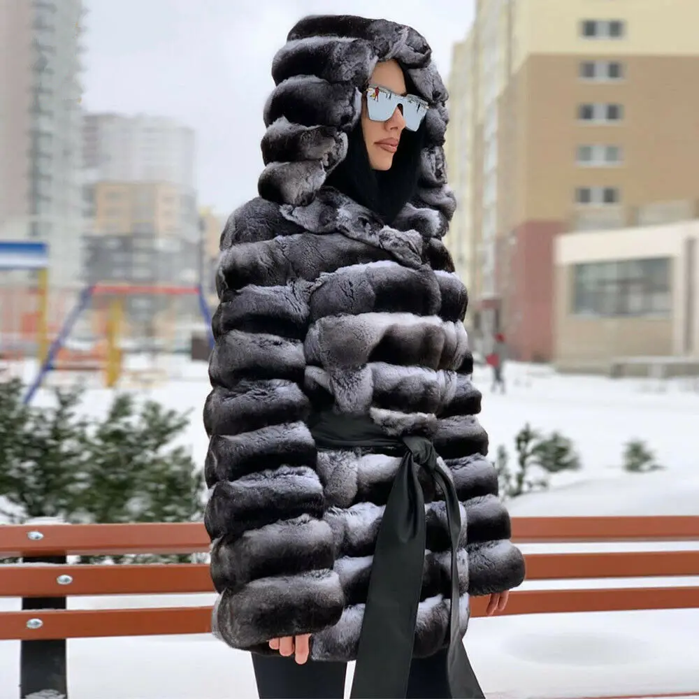 Новинка, Женская куртка из кролика Рекс, пальто из натурального меха, Большая Меховая толстовка с капюшоном, полный мех, Шиншилла, цветное пальто, Женское пальто из натурального меха