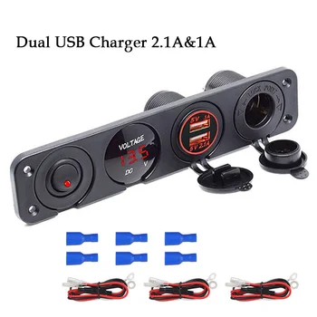 

LED Voltmeter display 4 Hole Toggle Panel with Cigarette Lighter Socket 12V for Car Boat Motorcycle Dual USB Charger Port