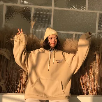 

Hoodies Women Thicker Plus Velvet Warm Soft Letter Printed Simple All-match Pockets Leisure Pullovers Womens Trendy Sweatshirts