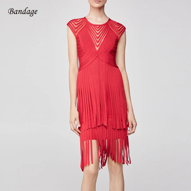 

Fringe Bandage Dress Sexy Cutout Mesh Patchwork Sleeveless Vestidos New Designer Nightclub Party Dresses With Tassel Women Red