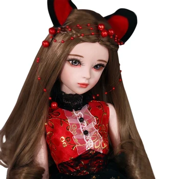 

1/3 23 Joints Movable Cat-eared Red Dressup Long Straight Brown Hair Princess BJD Doll Set British Retro Action Figure Model