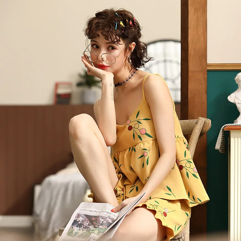 

New Style with Chest Pad Spaghetti Strap Pajamas Female Summer Pure Cotton Cartoon Cute Tracksuit Full Cotton Large Size Women's