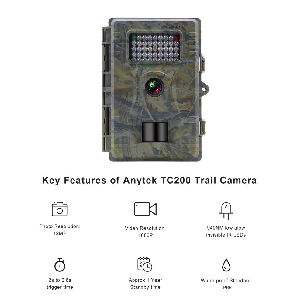 

1080P Digital Waterproof Hunt Trail Camera Infrared LED Scouting Cam Wildlife Hunt Monitoring and Farm Security Device TC200