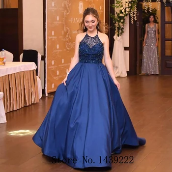 

Sofuge Navy Blue Satin Evening Gowns Halter Beads Formal Celebrity Dresses Robe De Soiree Evening Dress