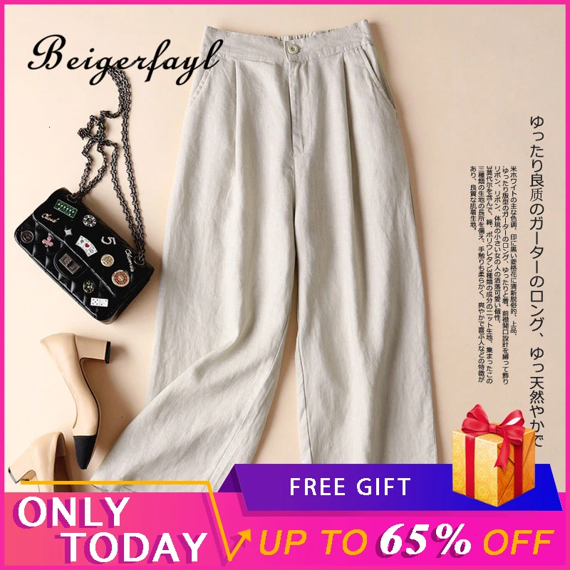 

Beigerfayl Lino Mujer Cotton And Linen Linen Work Office Pants Wide Leg Woman Loose Solid Slacks Khaki Black White Pants XX001
