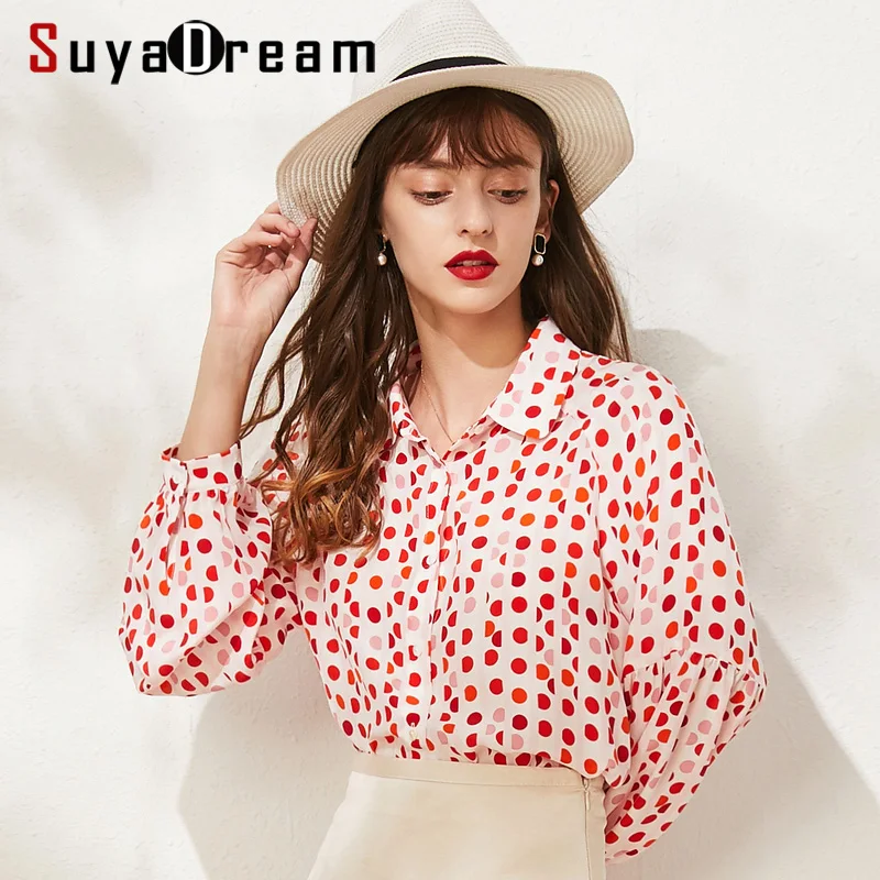 Рубашка SuyaDream с отложным воротником и длинными рукавами блузка принтом в горошек