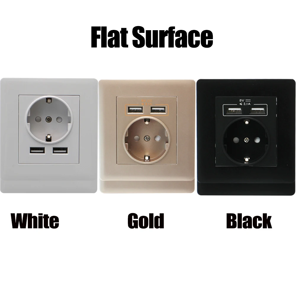 Smart Home EU Standard Wall Socket 16A Curved / Flat Surface Dual USB Charger Port For Mobile Adapter Power Outlet PC Panel Plug