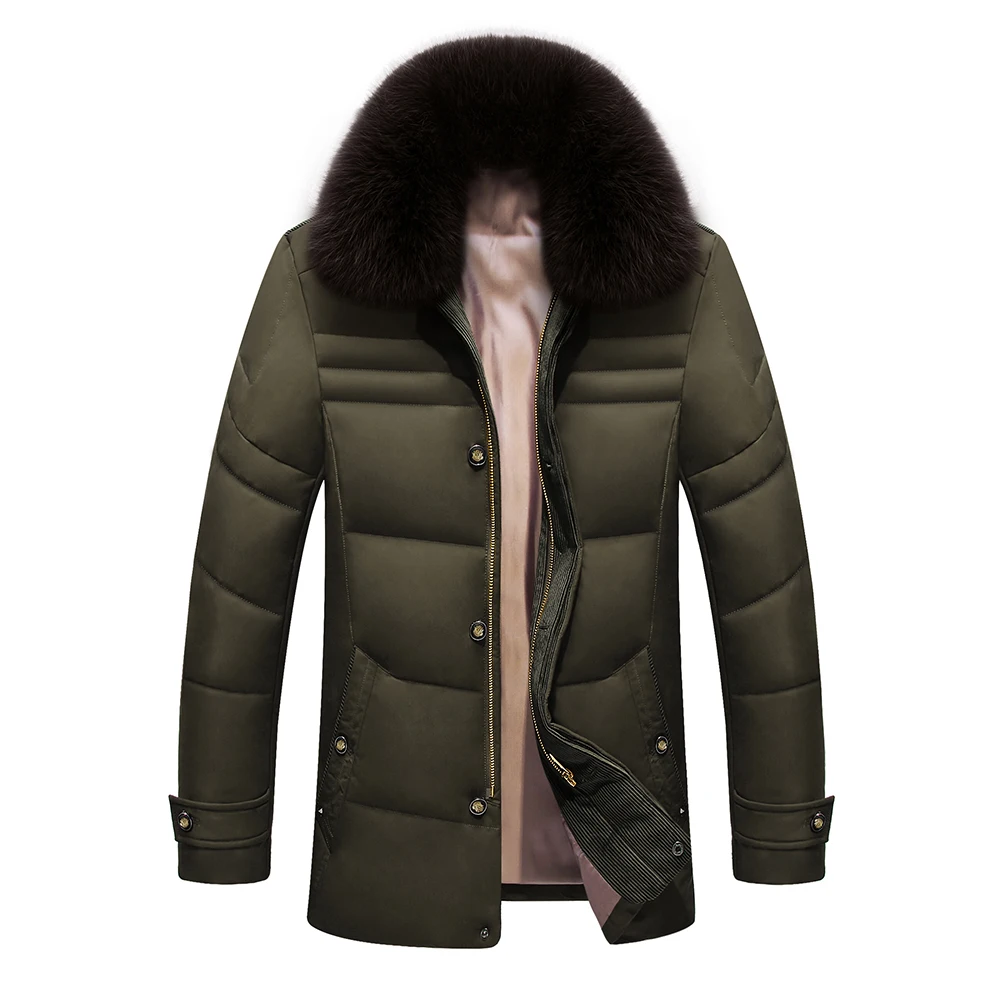 Брендовая мужская зимняя куртка для русской зимы, длинное пальто с меховым воротником, толстая ветрозащитная водонепроницаемая куртка на 80% белом утином пуху для мужчин - Цвет: Green