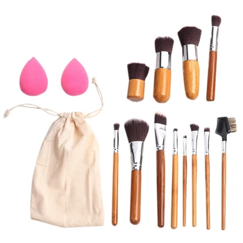 

Mixdair 12Pcs Bamboo Handle Makeup Brushes Set with 2Pcs Blending Waterdrop Sponges Puff(Random Color) Portable Bag Eyeshadow Bl