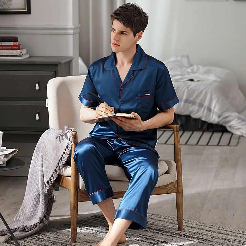 Sleepwear Male Summer Short Sleeve Long Pants Two-Piece Pajama Sets Ice Silk Thin Men Pyjamas Homewear 9007