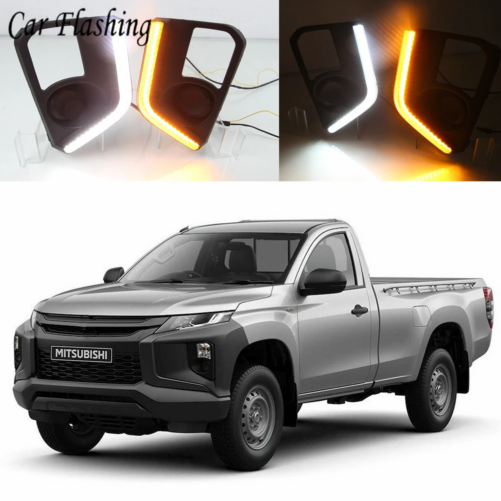 

Car Flashing 1Set LED DRL Daytime Running Lights Fog Lamp Cover with Yellow Turn Signal Lamp For Mitsubishi Triton L200 2019