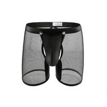 2021 Sexy Youth Man Bulge Pouch Underpants Briefs Mesh Flat Angle Sexy Hollow Low Waist Opening Breathable Shorts Panties fashio