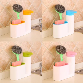 

Behogar Kitchen Bathroom Organizer Gadgets Tank Cleaning Sponge Brush Holder Rack with Liquid Soap Detergent Dispenser Bottle