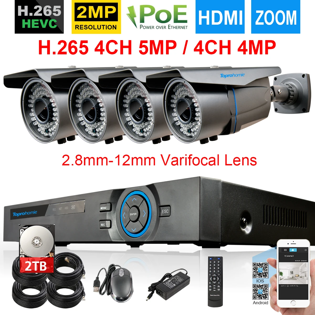 TOPROHOIME H.265+ 4CH CCTV NVR система 5MP NVR 48V 2MP 1080P наружная POE ip-камера 2,8-12 мм зум-объектив система видеонаблюдения