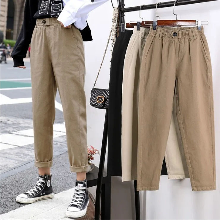 2019 New Spring Women Clothing Straight Overalls Casual Harem Pants Korean Elastic Waist Triangle Buckle Cargo | Женская одежда