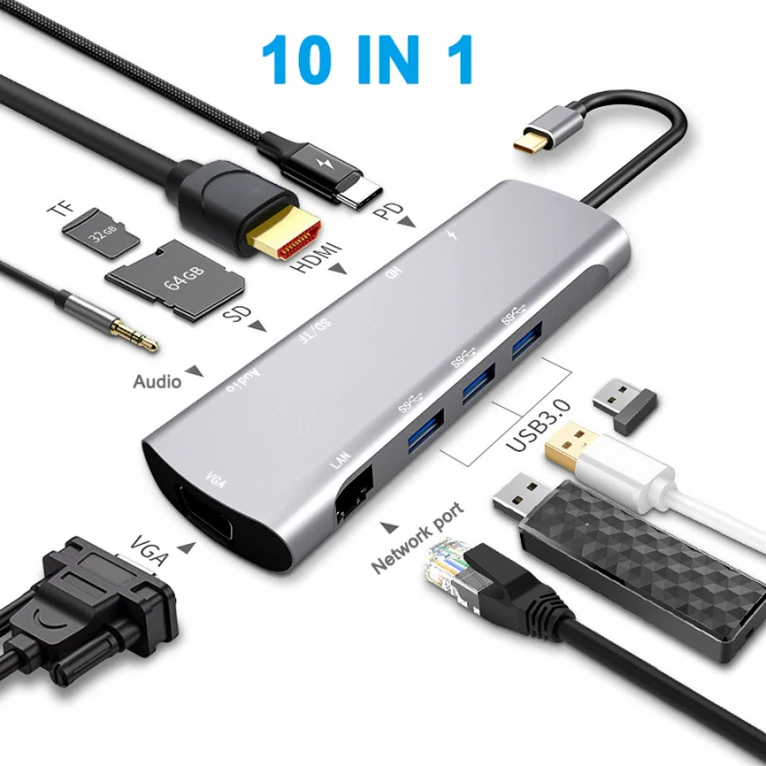 Новинка; Лидер продаж 10 в 1 Тип C на HDMI VGA usb-хаб адаптер конвертер устройство для считывания с tf-карт для портативных ПК компьютер