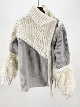 

Women Sweater Autumn Winter Warm Wool Stitching Zipper Cardigan Outerwear Ladies Knitted Jacket